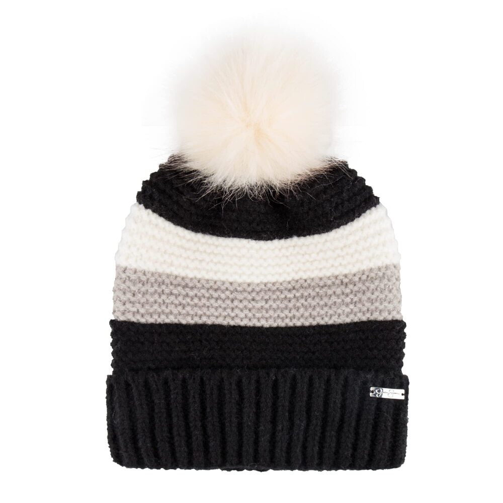 8850 Striped Beanie with Fur Pom, Black, One Size